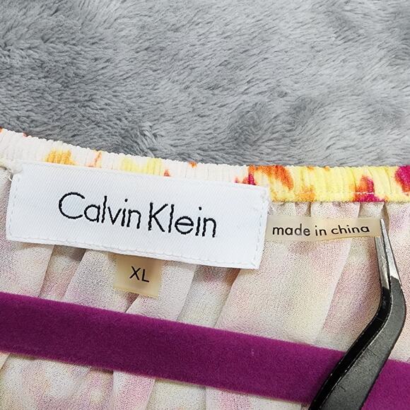 Calvin Klein Top Womens XL Orange Chiffon Lined Short Sleeve Blouson Peplum Tie - Picture 5 of 10